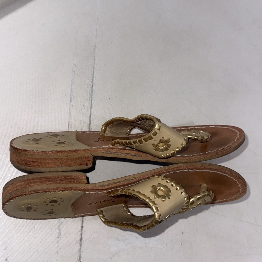 Jack Rogers Classic Leather Gold Old Money Quiet Luxury Thong Slide Sandals Sz 7 - Picture 9 of 12
